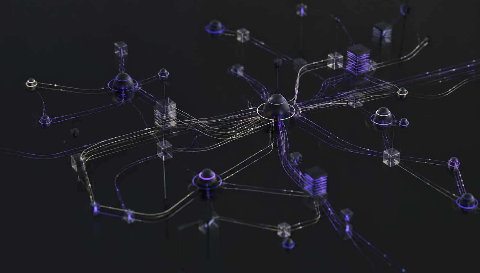 Abstract network of connected nodes symbolising collaboration between systems