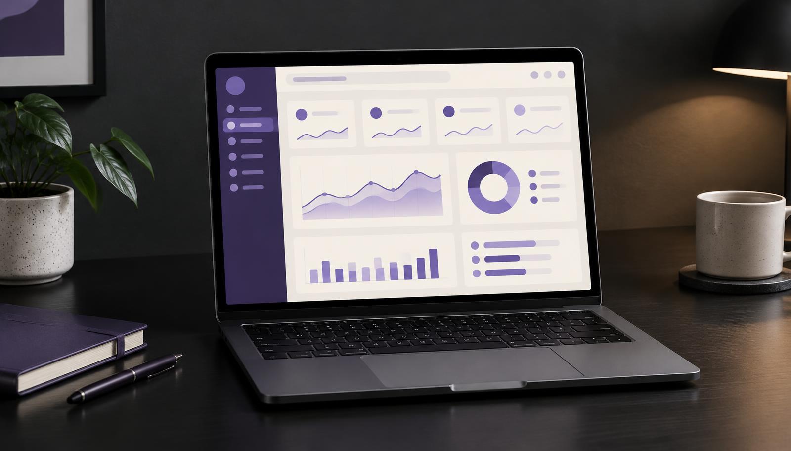 Laptop showing an abstract web dashboard interface